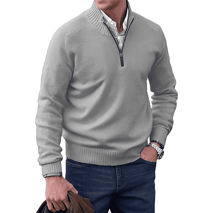 Men's Wool Blend Sweater - Regular Fit with Zip Closure and Ribbed Collar/Cuffs Light Grey