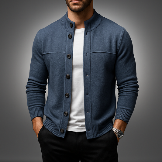 Men's Wool Stand Collar Ribbed Ribbed Cuffs Pockets Solid Cardigan Blue