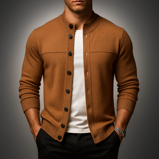 Men's Wool Stand Collar Ribbed Ribbed Cuffs Pockets Solid Cardigan Brown