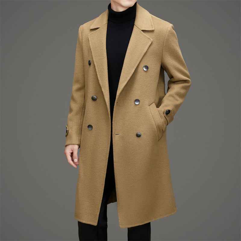 Men's Wool Double-Breasted Coat – Tailored Fit – Mid-Length Formal Style Khaki