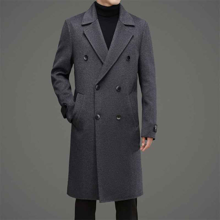 Men's Wool Double-Breasted Coat – Tailored Fit – Mid-Length Formal Style Dark Grey