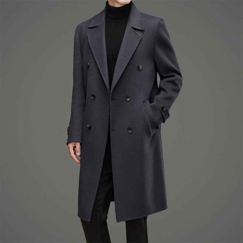 Men's Wool Double-Breasted Coat – Tailored Fit – Mid-Length Formal Style Black