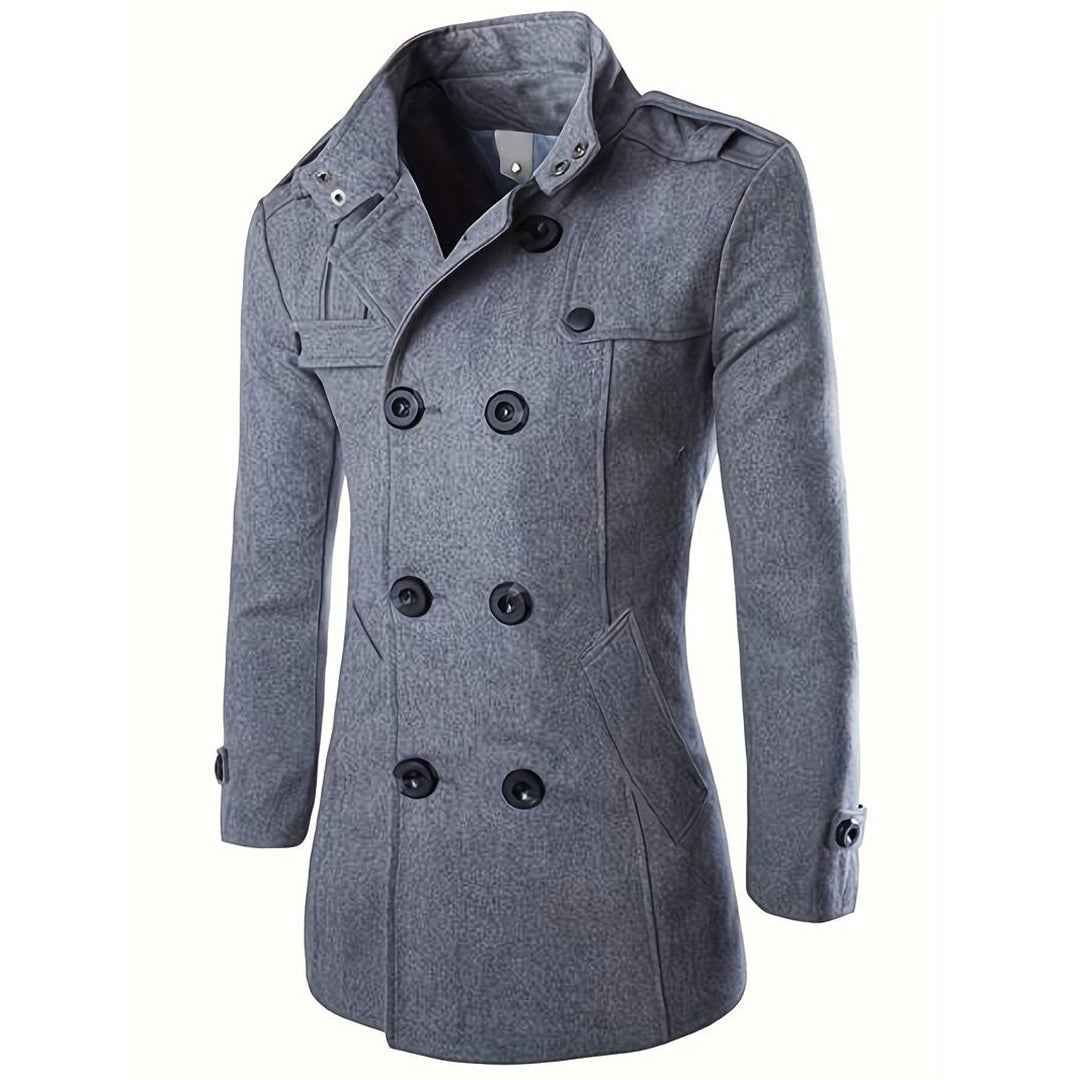 Men's Wool Double-Breasted Coat – Tailored Fit with High Collar and Epaulettes Grey