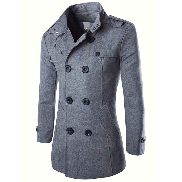Men's Wool Double-Breasted Coat – Tailored Fit with High Collar and Epaulettes Grey