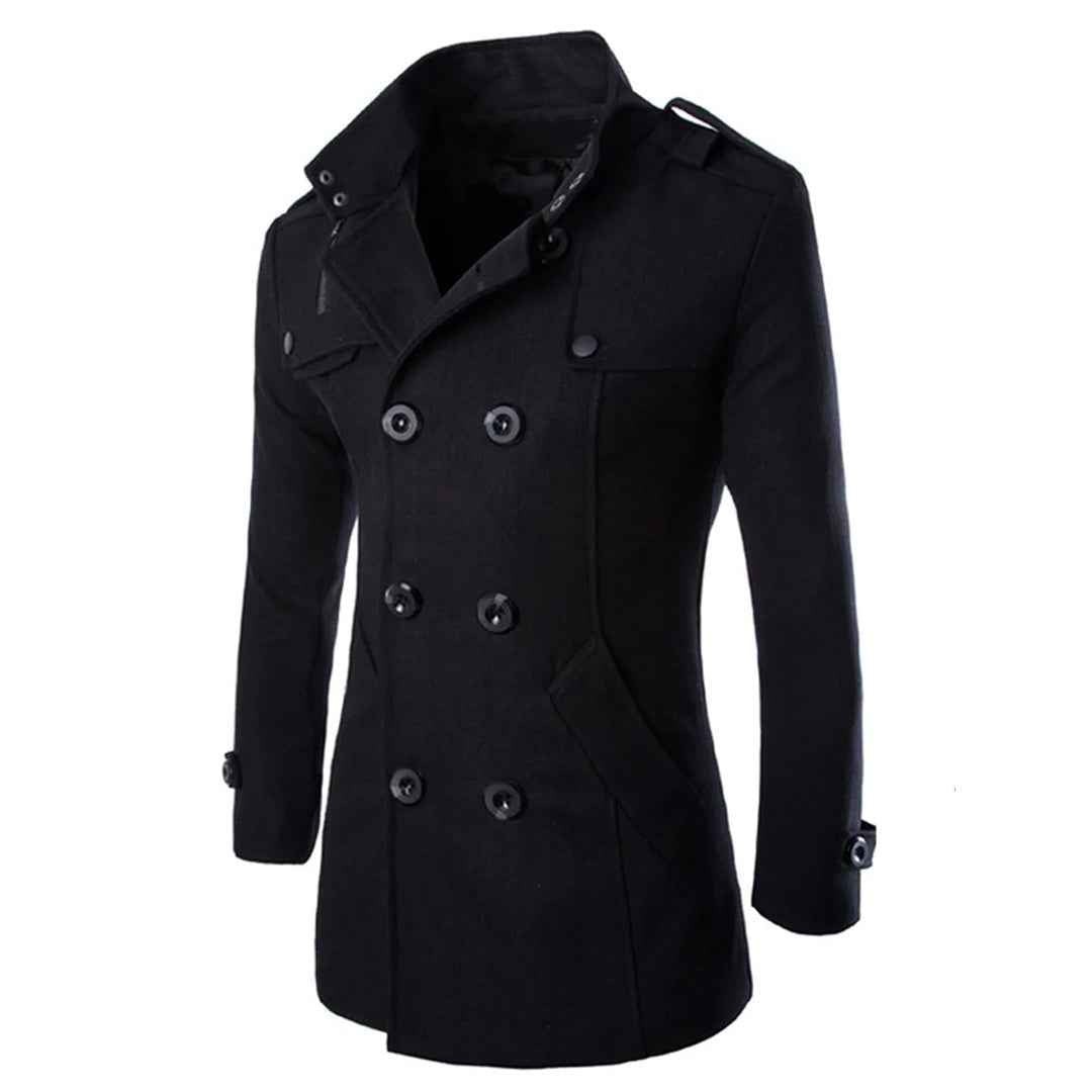 Men's Wool Double-Breasted Coat – Tailored Fit with High Collar and Epaulettes Black