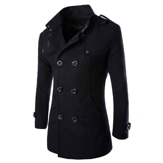 Men's Wool Double-Breasted Coat – Tailored Fit with High Collar and Epaulettes Black