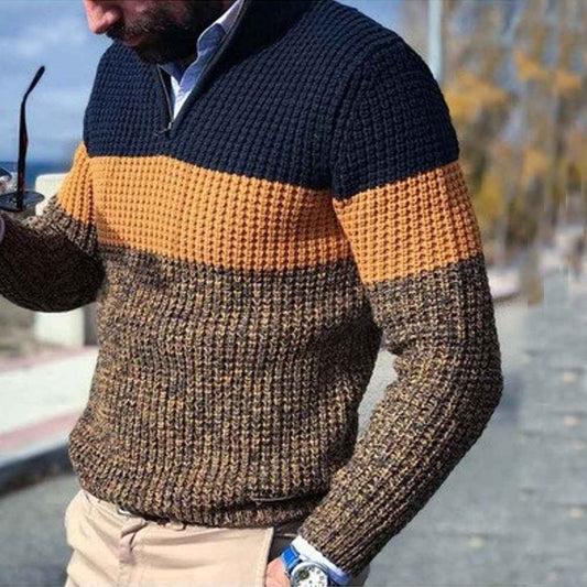 Men's Wool Knitted Half Zip Solid Brown Winter Pullover Brown