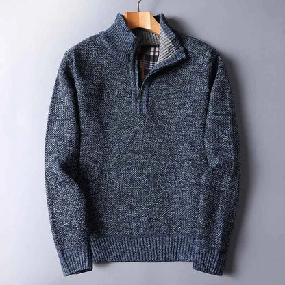 Men's Wool Cardigan Slim Plaid Pockets Brown Winter Ribbed Trim Blue
