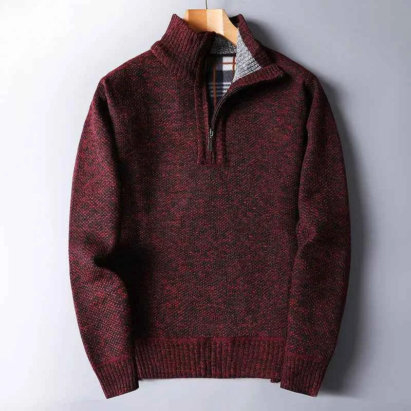 Men's Wool Cardigan Slim Plaid Pockets Brown Winter Ribbed Trim Red