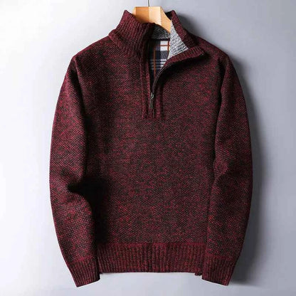 Men's Wool Cardigan Slim Plaid Pockets Brown Winter Ribbed Trim Red