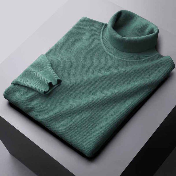 Men's Wool Turtleneck – Regular Fit – Ribbed Cuffs – Breathable Design Teal Green
