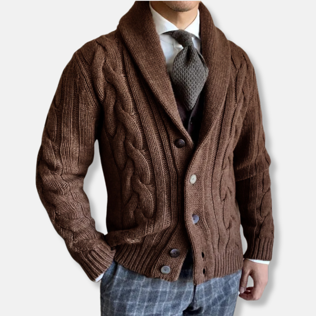 Men's Woolmix Cardigan - Regular Fit, Cable Knit, Shawl Collar, Button Closure Brown