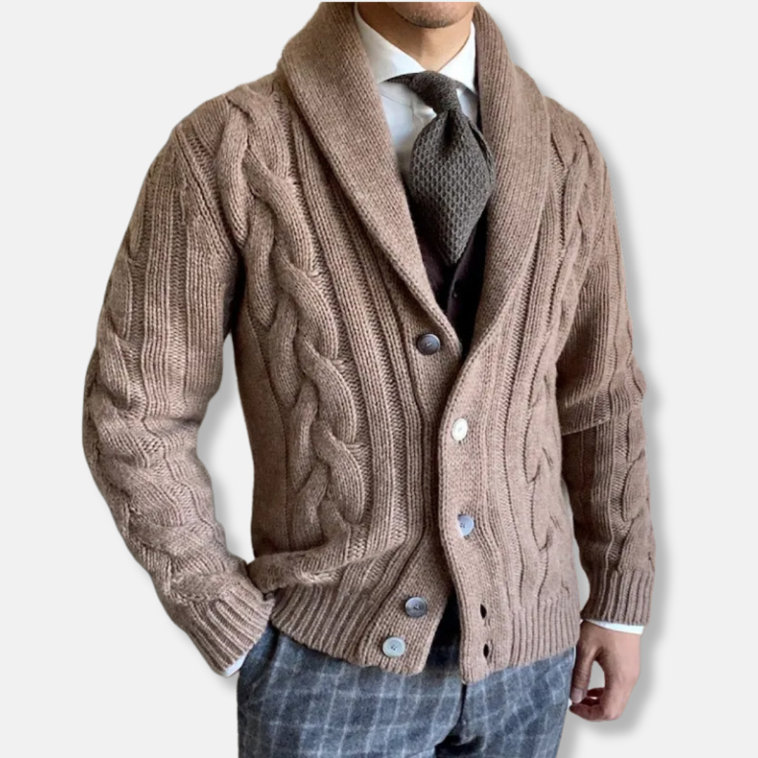Men's Woolmix Cardigan - Regular Fit, Cable Knit, Shawl Collar, Button Closure Khaki