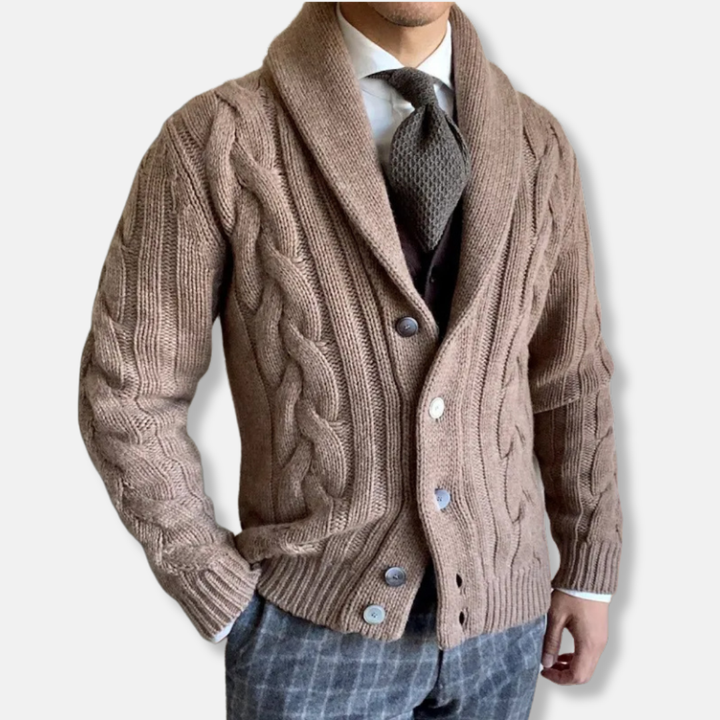 Men's Woolmix Cardigan - Regular Fit, Cable Knit, Shawl Collar, Button Closure Khaki