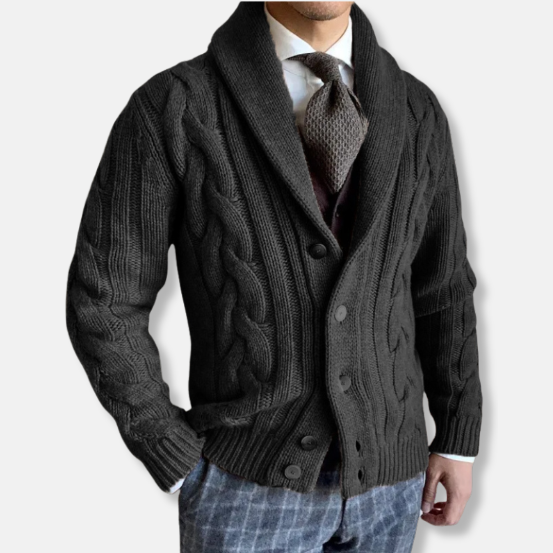 Men's Woolmix Cardigan - Regular Fit, Cable Knit, Shawl Collar, Button Closure Black