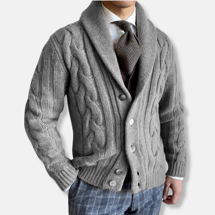 Men's Woolmix Cardigan - Regular Fit, Cable Knit, Shawl Collar, Button Closure Grey