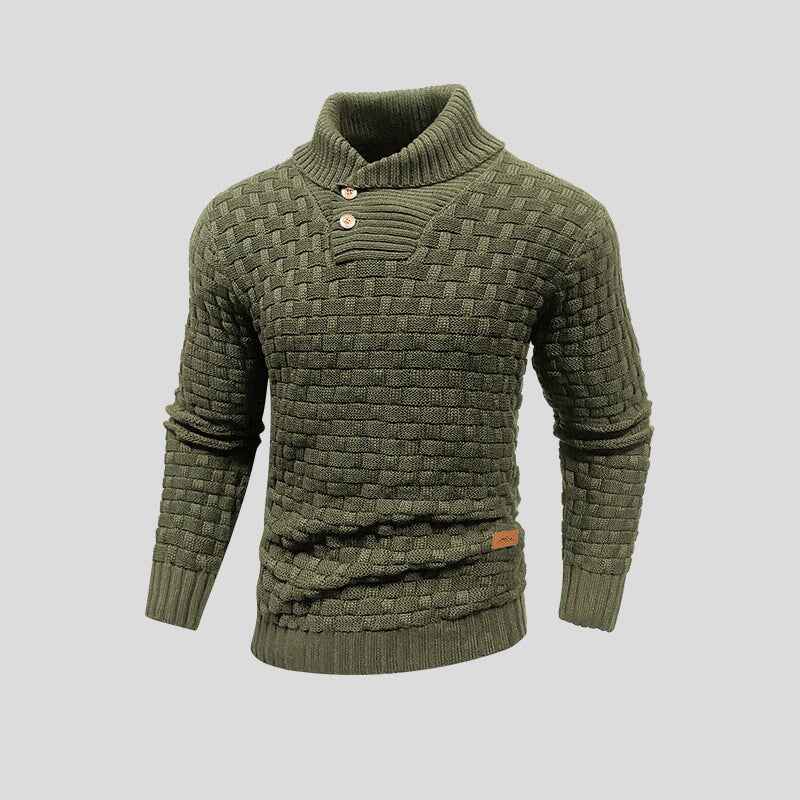 Men's Woolmix Knitted Sweater – Shawl Collar with Buttons – Ribbed Edging – Textured Design Green