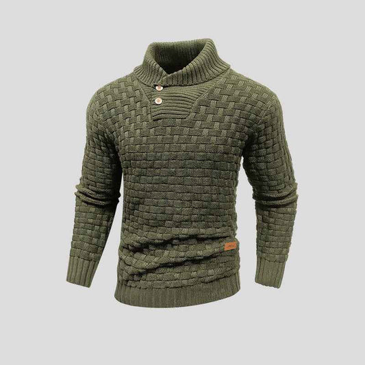 Men's Knitted Wool Shawl Collar Ribbed Textured High Collar Sweater Green