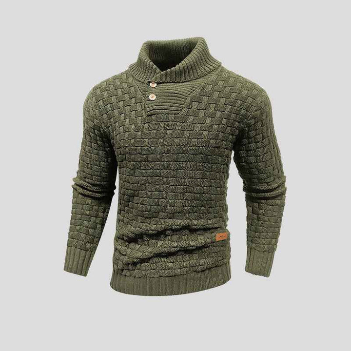 Men's Woolmix Knitted Sweater – Shawl Collar with Buttons – Ribbed Edging – Textured Design Green