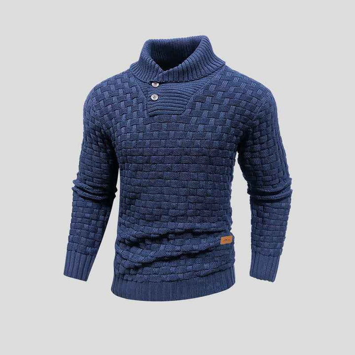 Men's Woolmix Knitted Sweater – Shawl Collar with Buttons – Ribbed Edging – Textured Design Blue