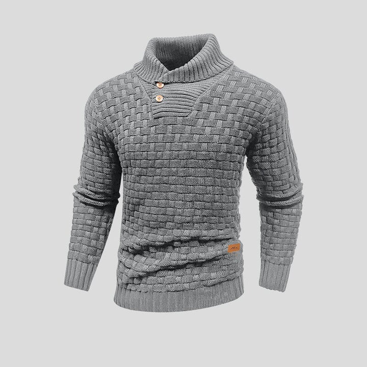 Men's Woolmix Knitted Sweater – Shawl Collar with Buttons – Ribbed Edging – Textured Design Grey