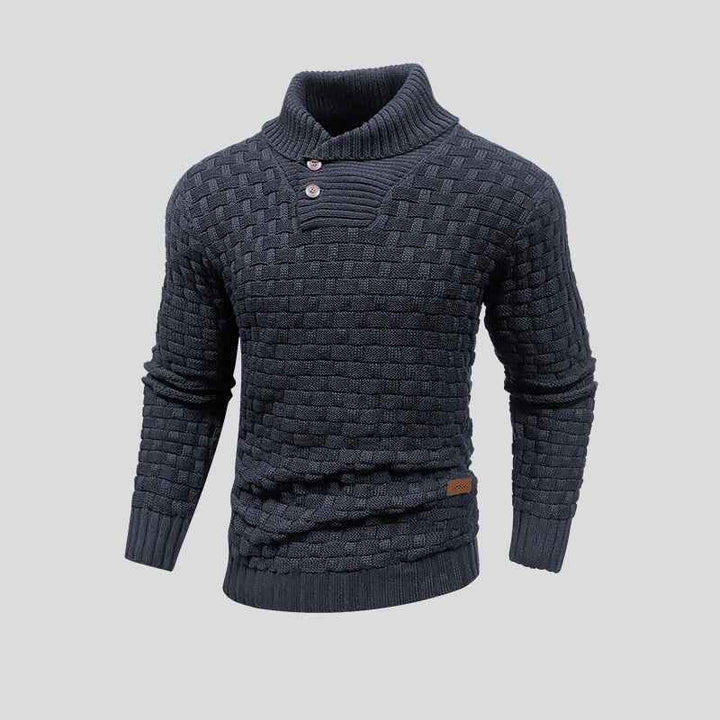 Men's Woolmix Knitted Sweater – Shawl Collar with Buttons – Ribbed Edging – Textured Design Dark Grey