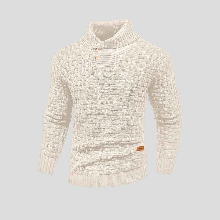 Men's Woolmix Knitted Sweater – Shawl Collar with Buttons – Ribbed Edging – Textured Design Beige