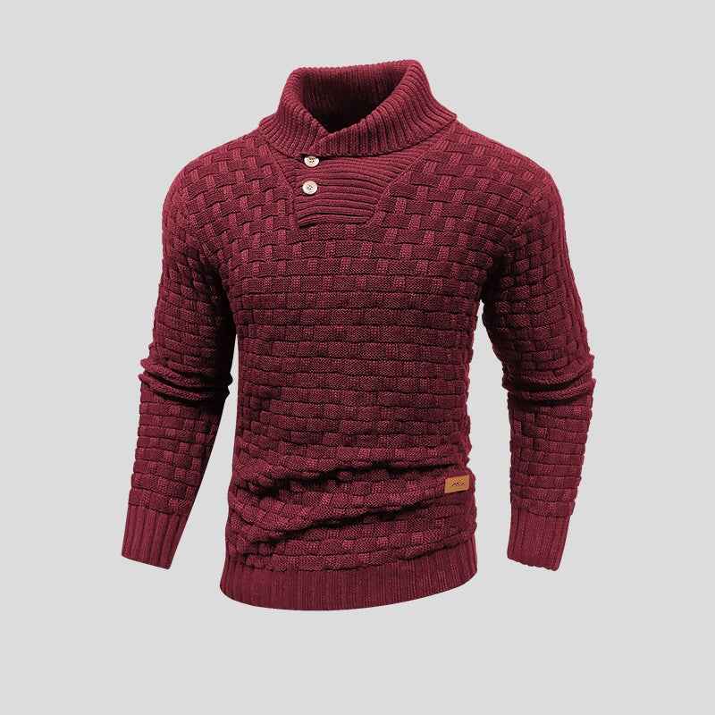 Men's Woolmix Knitted Sweater – Shawl Collar with Buttons – Ribbed Edging – Textured Design Red