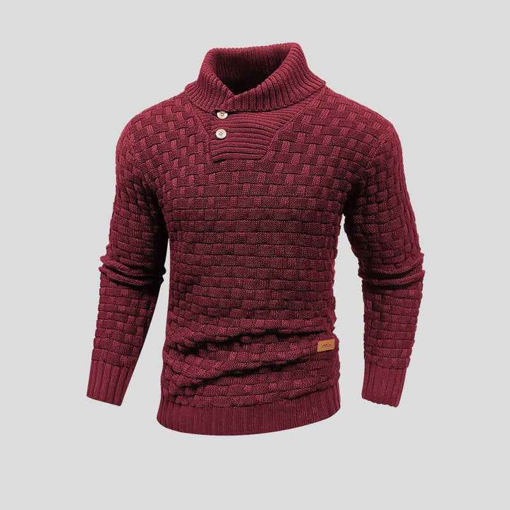 Men's Woolmix Knitted Sweater – Shawl Collar with Buttons – Ribbed Edging – Textured Design Red