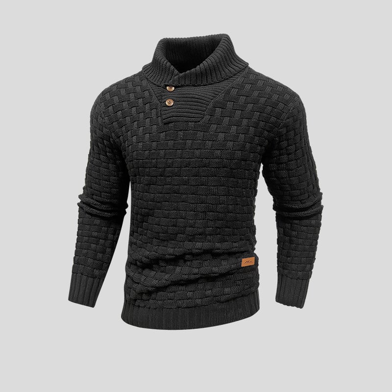 Men's Woolmix Knitted Sweater – Shawl Collar with Buttons – Ribbed Edging – Textured Design Black
