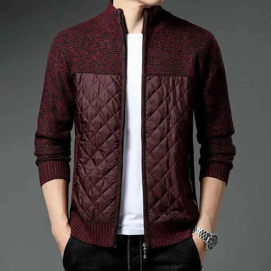 Men's Quilted Textured Knit Ribbed Cuffs Cardigan Winter Wine Red