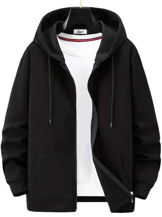 Men's Zipper Hoodie – Relaxed Fit – Cotton Blend – Drawstring Hood – Pockets Black