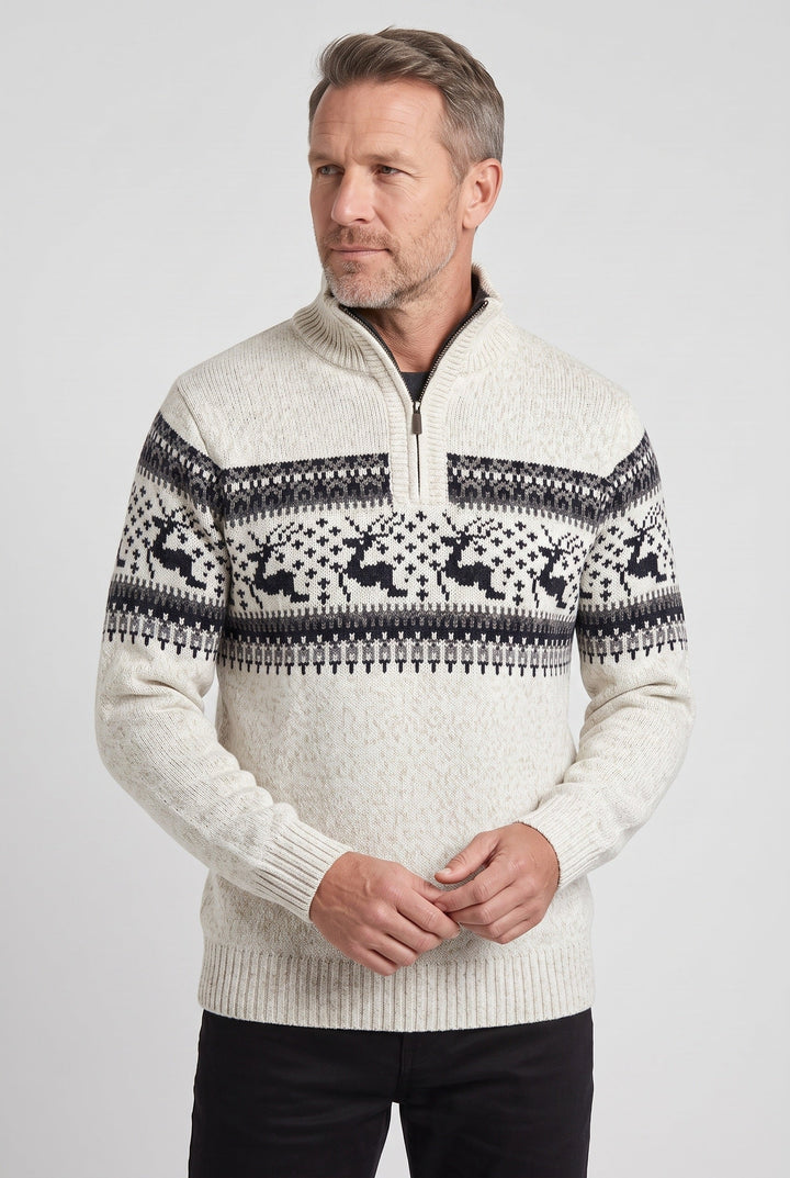 Men's Fair Isle Quarter Zip Knit Sweater White