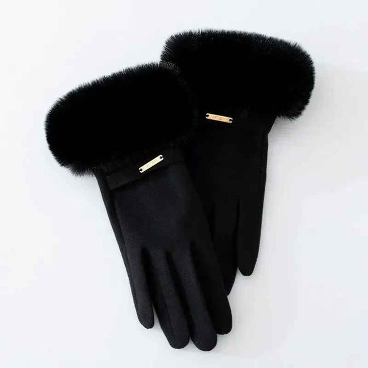 Metallic Accent Plush Cuff Wrist-Length Gloves Black One size