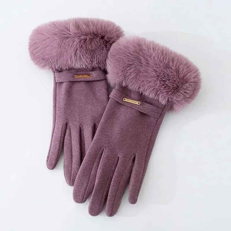Metallic Accent Plush Cuff Wrist-Length Gloves Purple One size