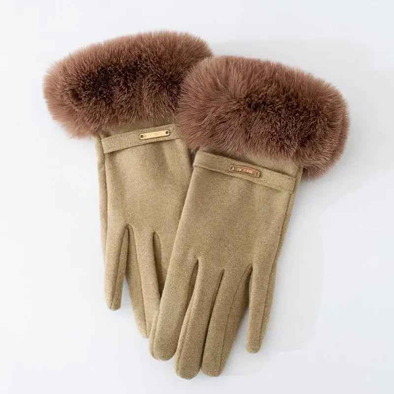 Metallic Accent Plush Cuff Wrist-Length Gloves Khaki One size