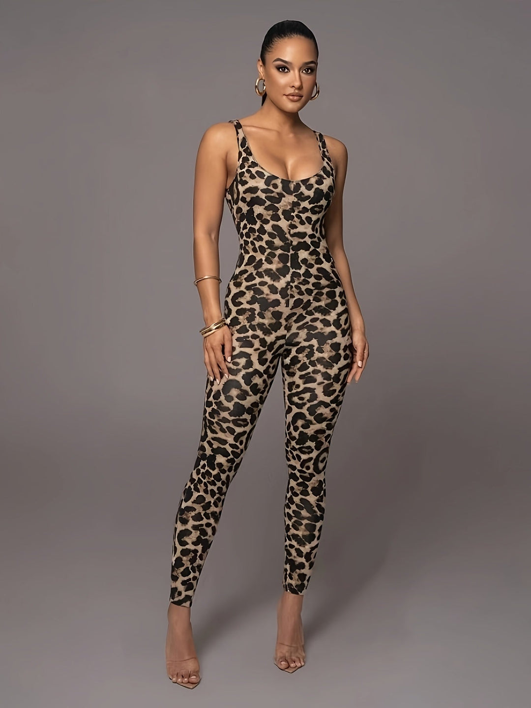 Tosh | Women's Leopard Print Sleeveless Slim Fit Stretch Jumpsuit Leopard Print