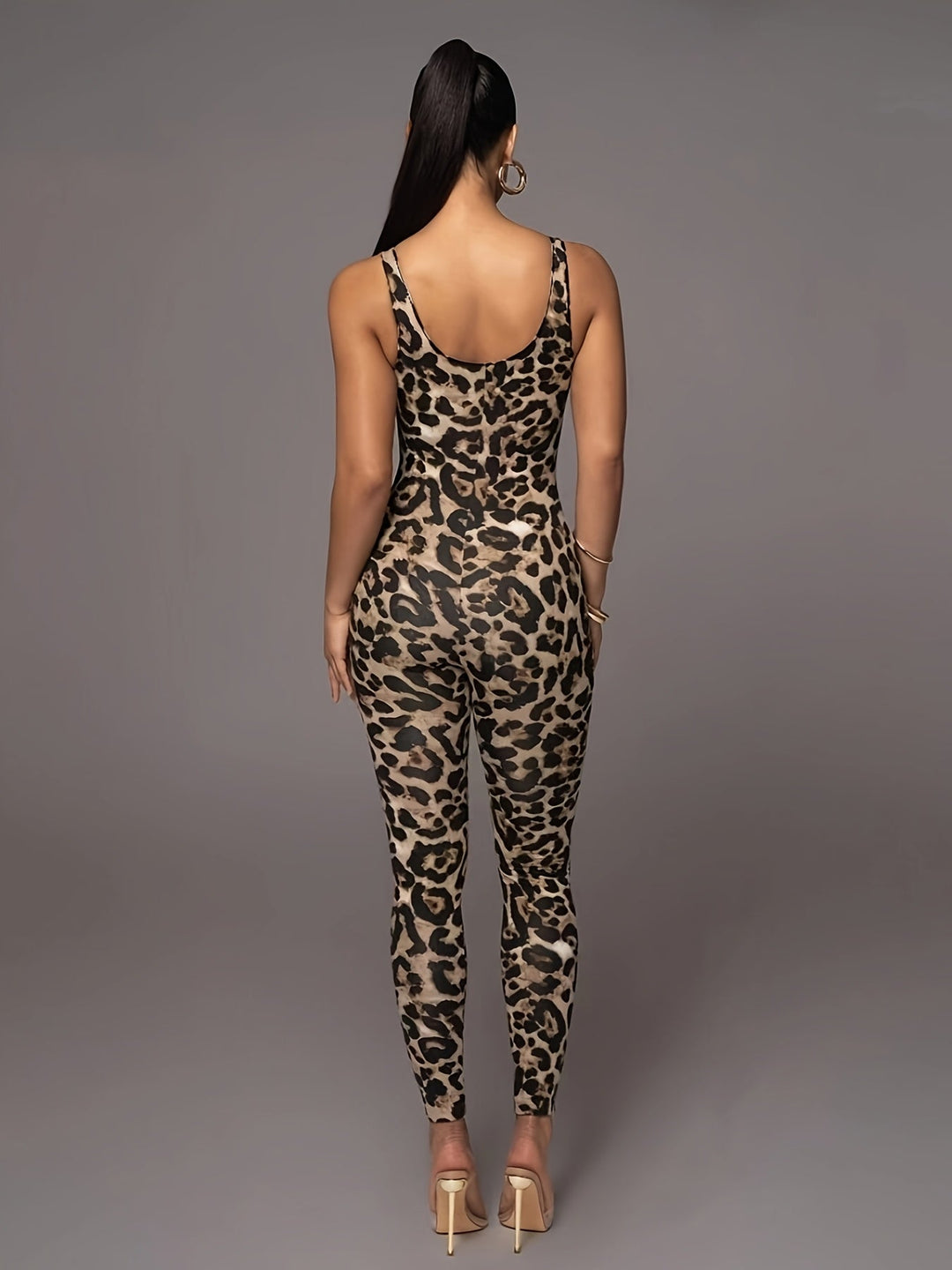 Tosh | Women's Leopard Print Sleeveless Slim Fit Stretch Jumpsuit