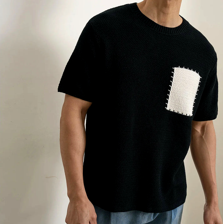 Men's Breathable Knitted Patchwork T-Shirt Black