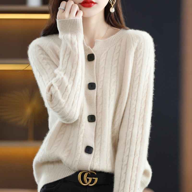 Women's Relaxed Fit Button Front Crewneck Cardigan Beige