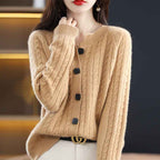 Women's Relaxed Fit Button Front Crewneck Cardigan Khaki