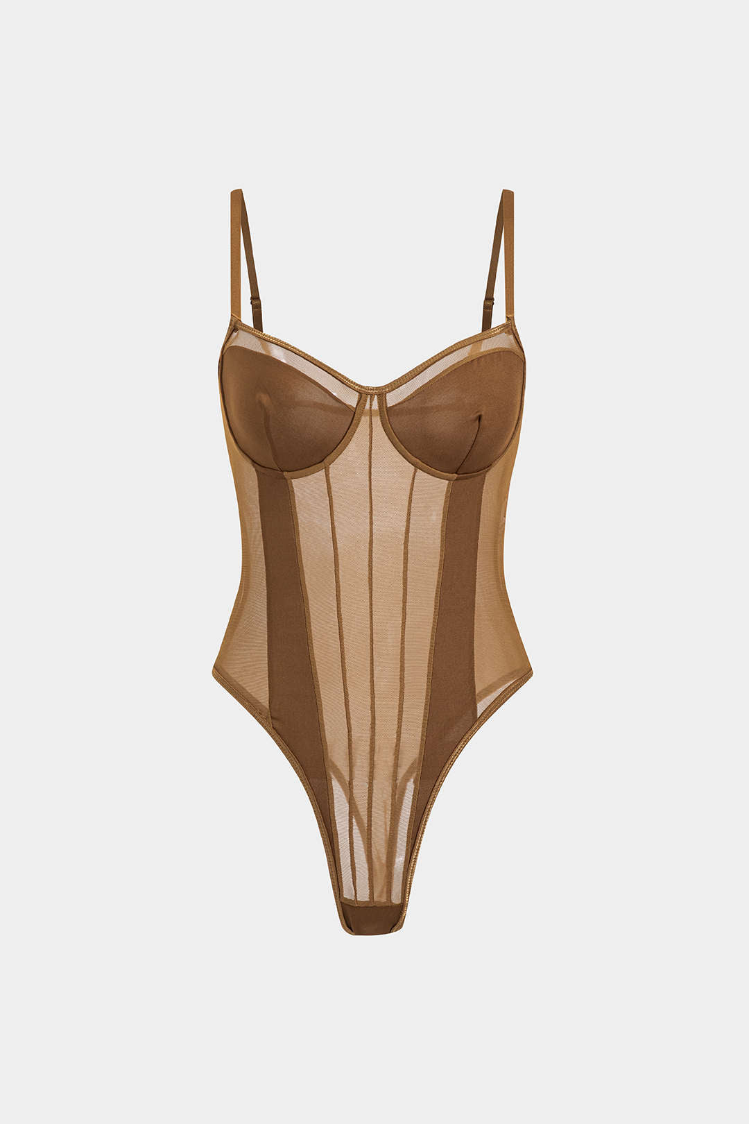 Sophia | Women's Mesh and Patchwork Bodysuit, Elegant Silhouette Brown