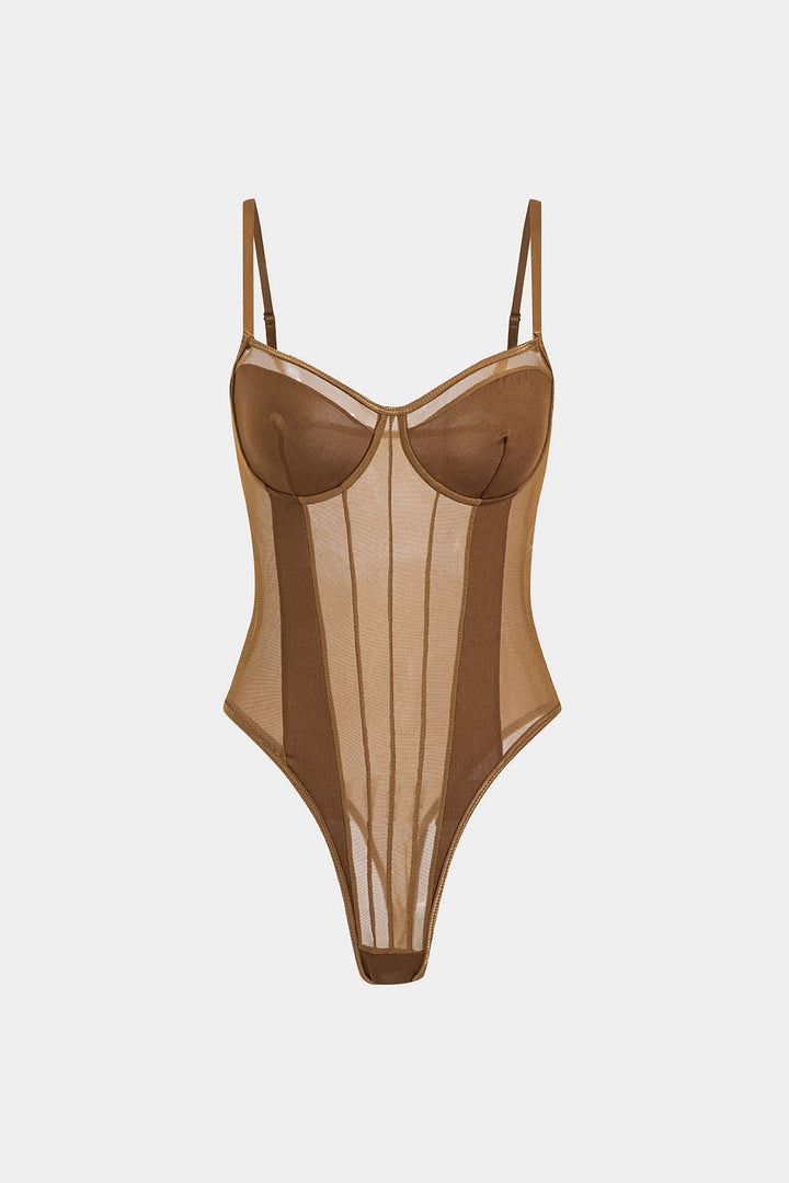 Sophia | Women's Mesh and Patchwork Bodysuit, Elegant Silhouette Brown