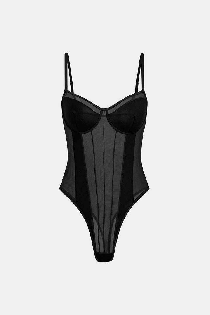 Sophia | Women's Mesh and Patchwork Bodysuit, Elegant Silhouette Black
