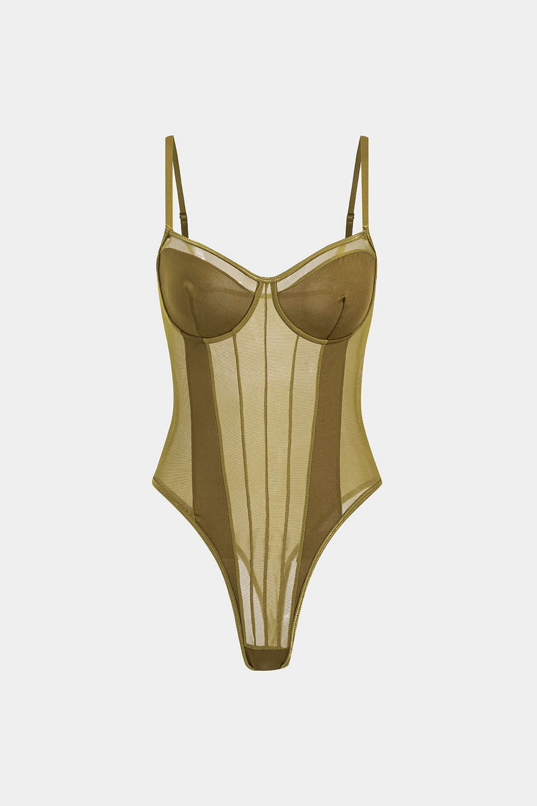 Sophia | Women's Mesh and Patchwork Bodysuit, Elegant Silhouette Olive
