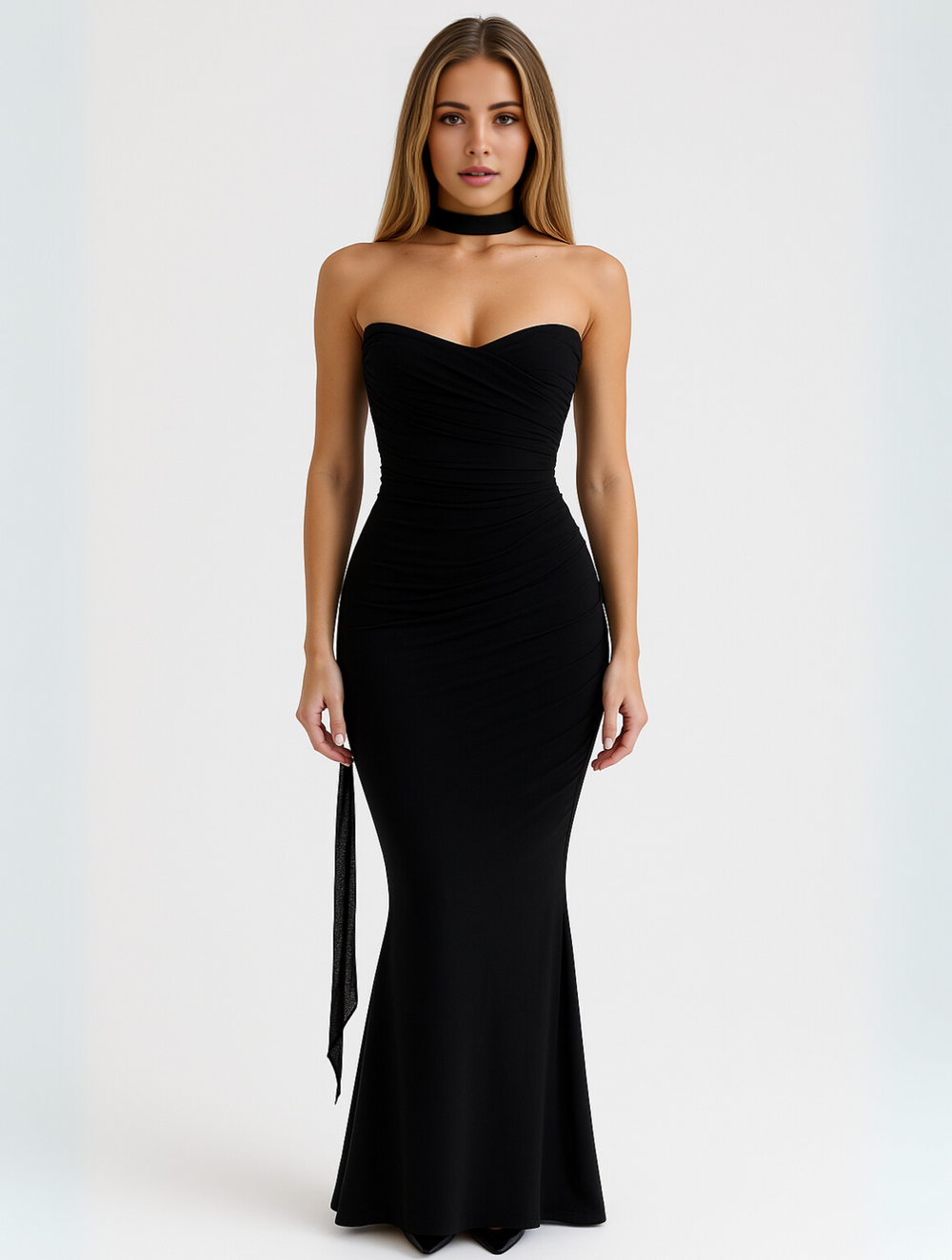 Mireille | Women's Strapless Maxi Dress with Choker Detail Black