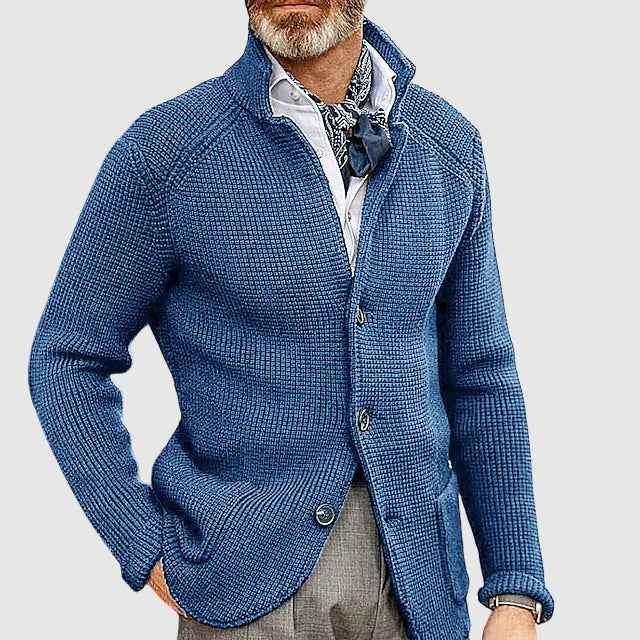Men's Tailored Cardigan with Button Front and Patch Pockets Blue