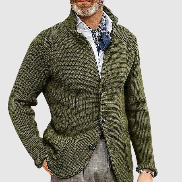 Men's Tailored Cardigan with Button Front and Patch Pockets Green