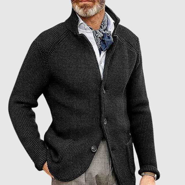 Men's Tailored Cardigan with Button Front and Patch Pockets Black