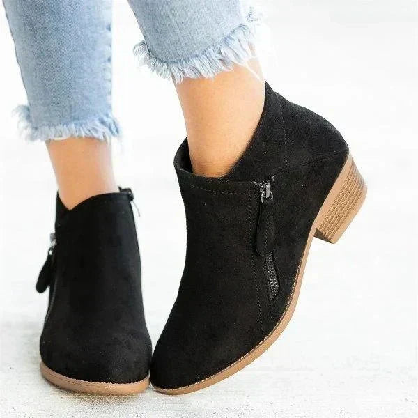 Women's Ankle Boots – Side-Zip Low Heel Style Black